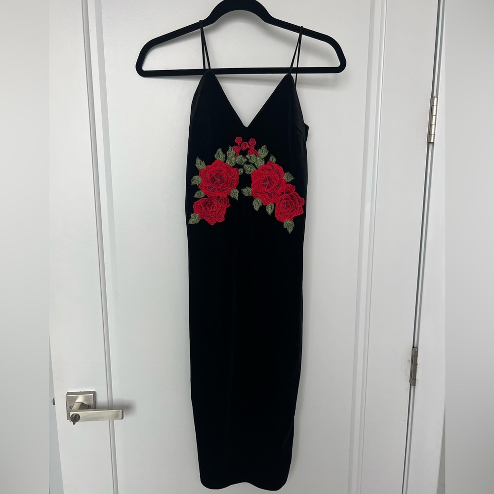 Black Velvet Midi Dress with Red Rose Embroidery
